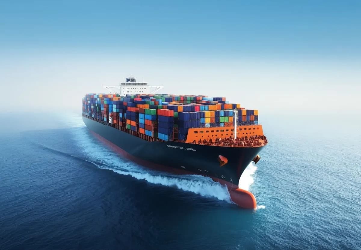 Loaded container ship sailing through open sea